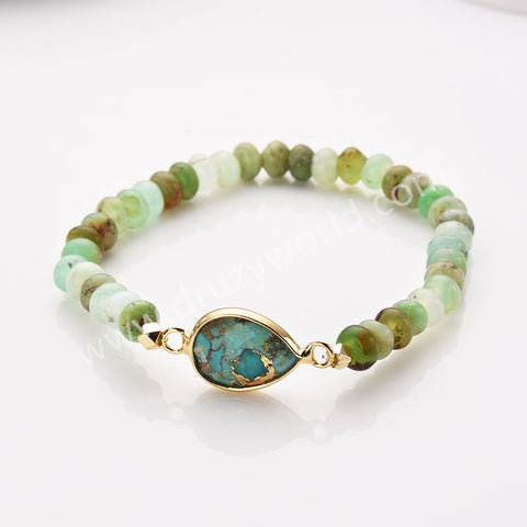 Teardrop Gold Natural Crystal Stone Stretch Bracelet, Chrysoprase Beaded Bracelet ZG0531-4