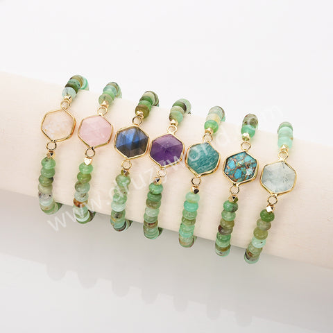 Hexagon Australia Jade Gemstone Beads Stretch Bracelet, Gold Plated Birthstone Handmade Bracelet Boho Jewelry ZG0531-6