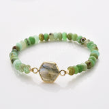 Hexagon Australia Jade Gemstone Beads Stretch Bracelet, Gold Plated Birthstone Handmade Bracelet Boho Jewelry ZG0531-6