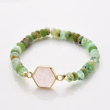 Hexagon Australia Jade Gemstone Beads Stretch Bracelet, Gold Plated Birthstone Handmade Bracelet Boho Jewelry ZG0531-6