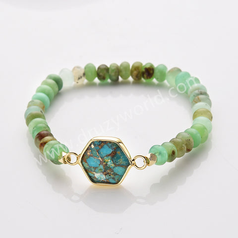 Hexagon Australia Jade Gemstone Beads Stretch Bracelet, Gold Plated Birthstone Handmade Bracelet Boho Jewelry ZG0531-6