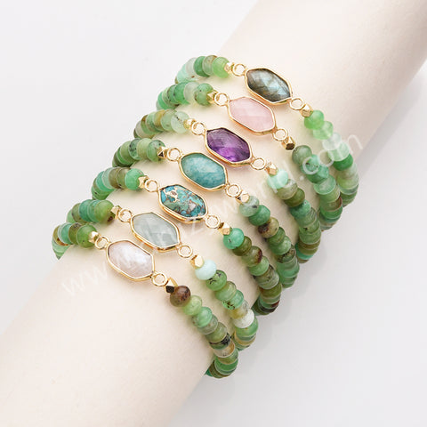 Long Hexagon Multi Gemstone & Australia Jade Beads Bracelet, Gold Plated Handmade Bracelet ZG0531-8