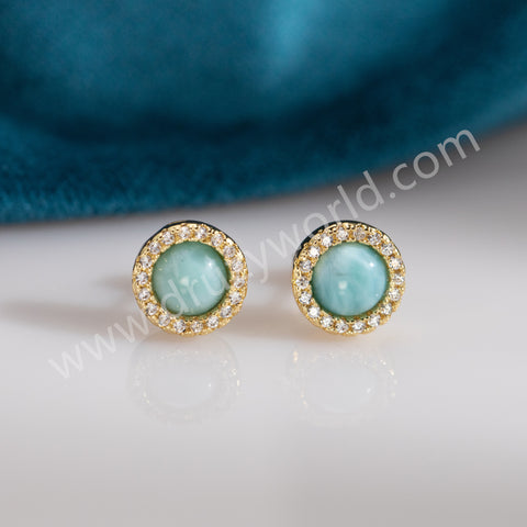 Round Gold Plated Real Larimar CZ Micro Pave Stud Earrings, Natural Gemstone Jewelry ZG0545