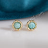 Round Gold Plated Real Larimar CZ Micro Pave Stud Earrings, Natural Gemstone Jewelry ZG0545