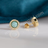 Round Gold Plated Real Larimar CZ Micro Pave Stud Earrings, Natural Gemstone Jewelry ZG0545