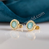 Round Gold Plated Real Larimar CZ Micro Pave Stud Earrings, Natural Gemstone Jewelry ZG0545