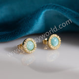 Round Gold Plated Real Larimar CZ Micro Pave Stud Earrings, Natural Gemstone Jewelry ZG0545
