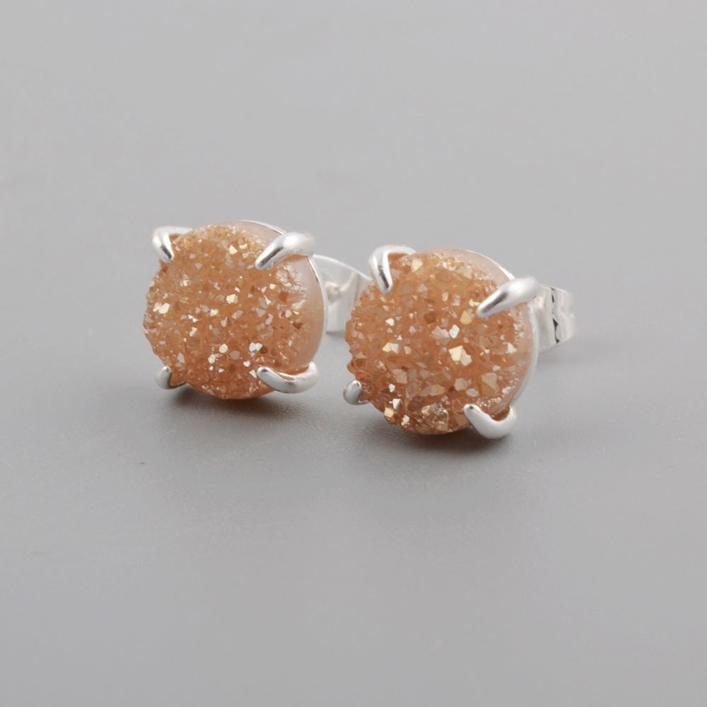 Silver Plated Claw 10mm Round Natural Agate Titanium Druzy Stud Earrings ZS0132
