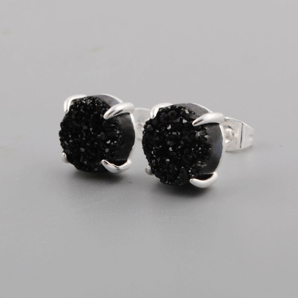 Silver Plated Claw 10mm Round Natural Agate Titanium Druzy Stud Earrings ZS0132