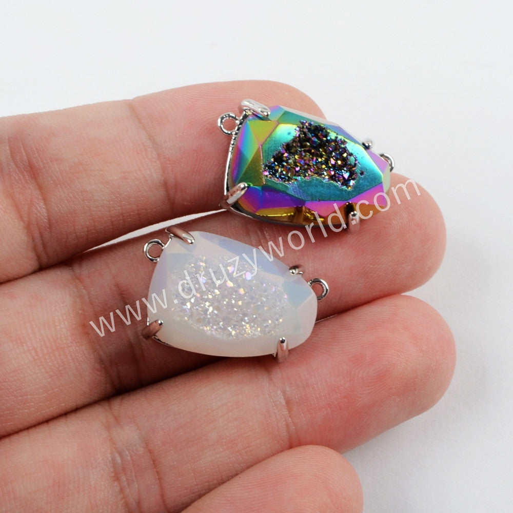 Egg Shape Silver Plated Claw Rainbow Titanium Druzy Faceted Connector ZS0316