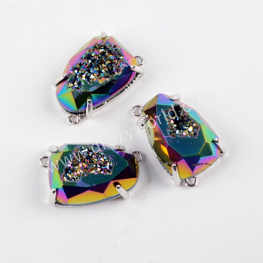 Egg Shape Silver Plated Claw Rainbow Titanium Druzy Faceted Connector ZS0316