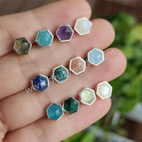 Silver Plated Bezel Hexagon Multi Gemstone Faceted Stud Earrings Lady Fashion Jewelry ZS0448