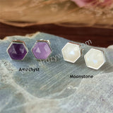 Silver Plated Bezel Hexagon Multi Gemstone Faceted Stud Earrings Lady Fashion Jewelry ZS0448