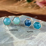 Silver Plated Bezel Hexagon Multi Gemstone Faceted Stud Earrings Lady Fashion Jewelry ZS0448