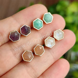 Silver Plated Bezel Hexagon Multi Gemstone Faceted Stud Earrings Lady Fashion Jewelry ZS0448