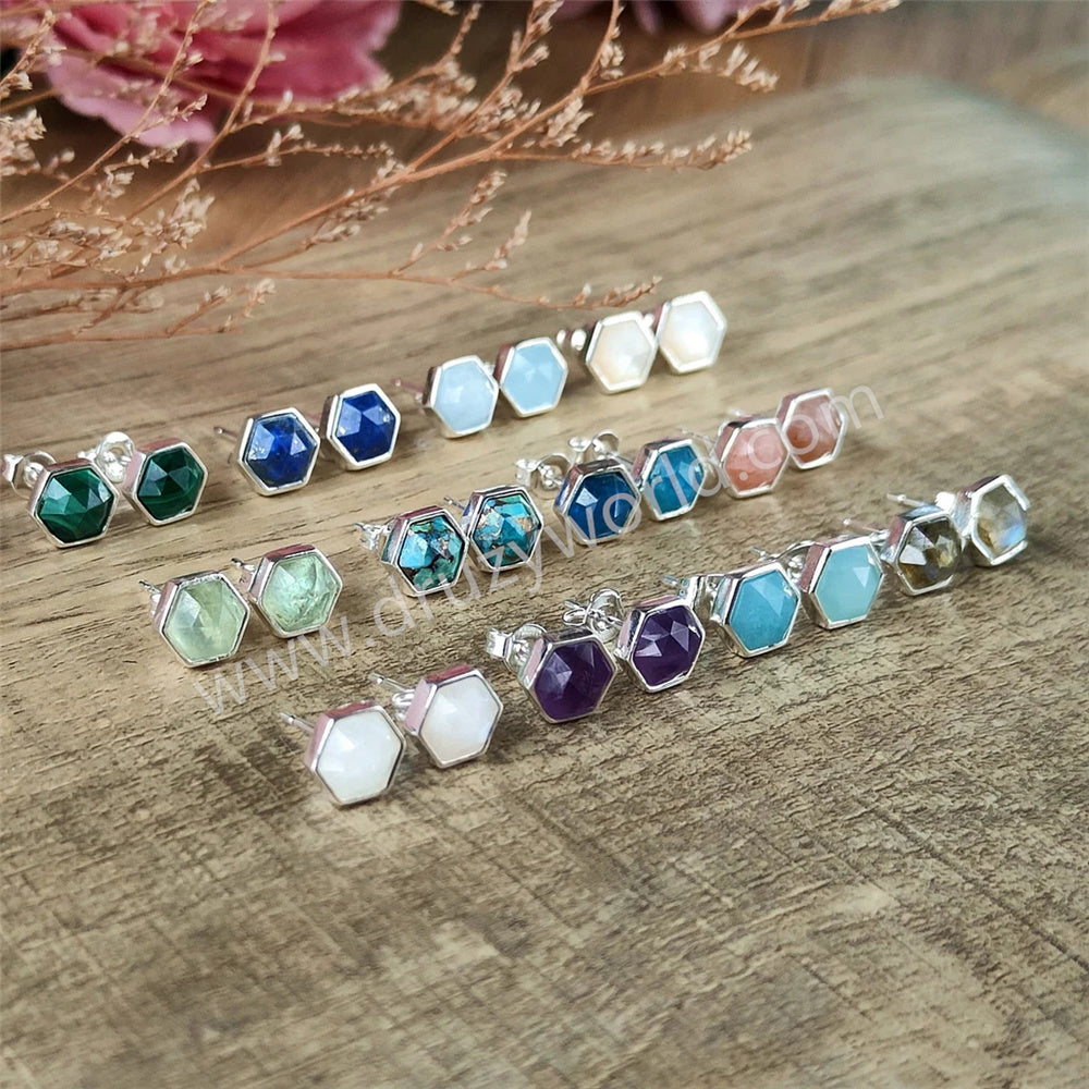 silver bezel hexagon gemstone earrings