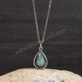 16" Silver Bezel Teardrop Gemstone Necklace,Natural Labradorite, Copper Turquoise, Moonstone Necklace ZS0508