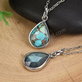 16" Silver Bezel Teardrop Gemstone Necklace,Natural Labradorite, Copper Turquoise, Moonstone Necklace ZS0508