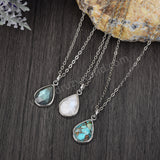 16" Silver Bezel Teardrop Gemstone Necklace,Natural Labradorite, Copper Turquoise, Moonstone Necklace ZS0508