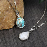 16" Silver Bezel Teardrop Gemstone Necklace,Natural Labradorite, Copper Turquoise, Moonstone Necklace ZS0508