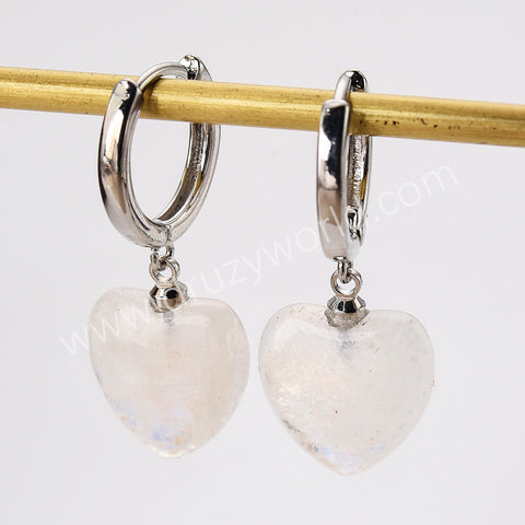 Silver Plated Heart Moonstone Crystal Drop Earrings, Natural Gemstone Jewelry Hoop Earrings ZS0512