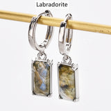 Rectangle Natural Gemstone Silver Plated Hoop Earrings, Birthstone Jewelry Earrings ZS0522
