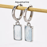 Rectangle Natural Gemstone Silver Plated Hoop Earrings, Birthstone Jewelry Earrings ZS0522