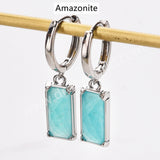 Rectangle Natural Gemstone Silver Plated Hoop Earrings, Birthstone Jewelry Earrings ZS0522