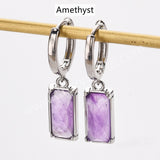 Rectangle Natural Gemstone Silver Plated Hoop Earrings, Birthstone Jewelry Earrings ZS0522