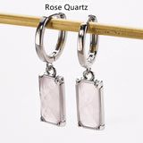 Rectangle Natural Gemstone Silver Plated Hoop Earrings, Birthstone Jewelry Earrings ZS0522