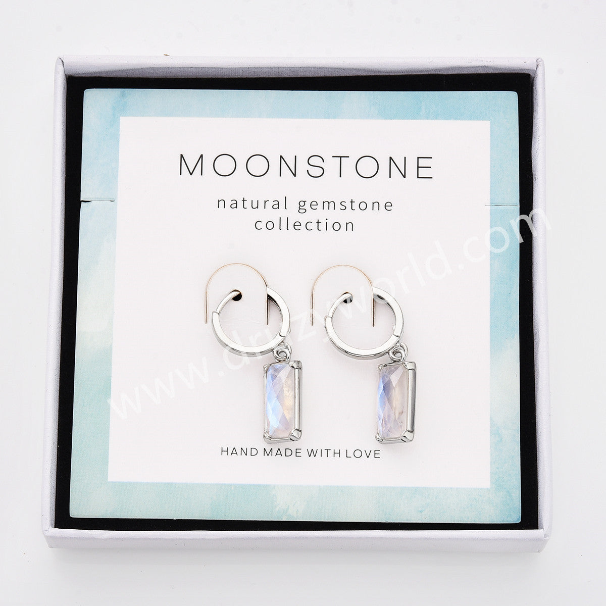 Silver Plated Bezel Rectangle Natural Moonstone Faceted Hoop Earrings, Moon Stone Jewelry ZS0522