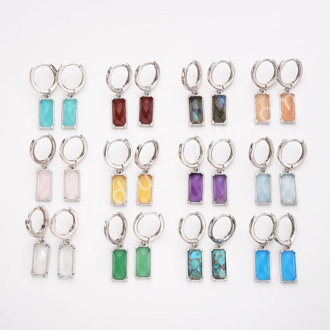 Rectangle Natural Gemstone Silver Plated Hoop Earrings, Birthstone Jewelry Earrings ZS0522