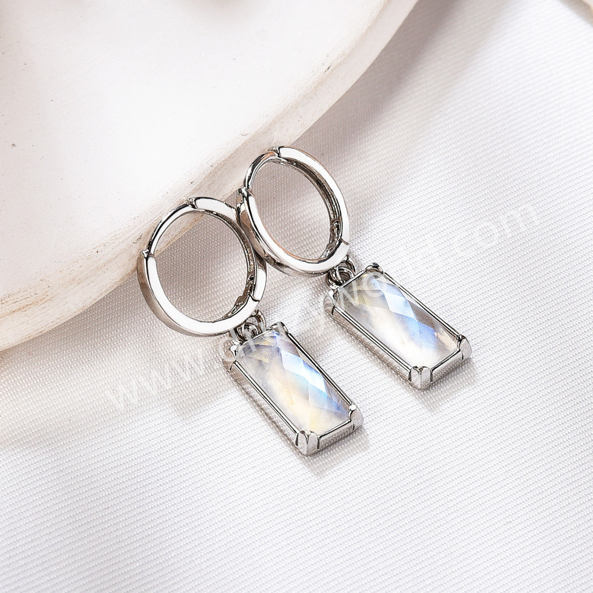 Silver Plated Bezel Rectangle Natural Moonstone Faceted Hoop Earrings, Moon Stone Jewelry ZS0522