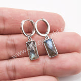 Rectangle Natural Gemstone Silver Plated Hoop Earrings, Birthstone Jewelry Earrings ZS0522