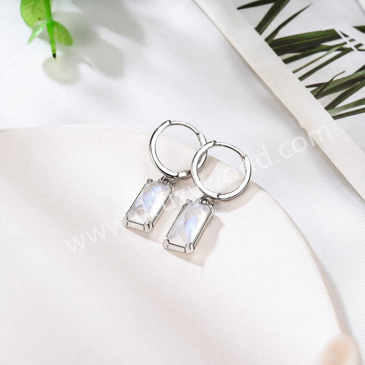 Silver Plated Bezel Rectangle Natural Moonstone Faceted Hoop Earrings, Moon Stone Jewelry ZS0522