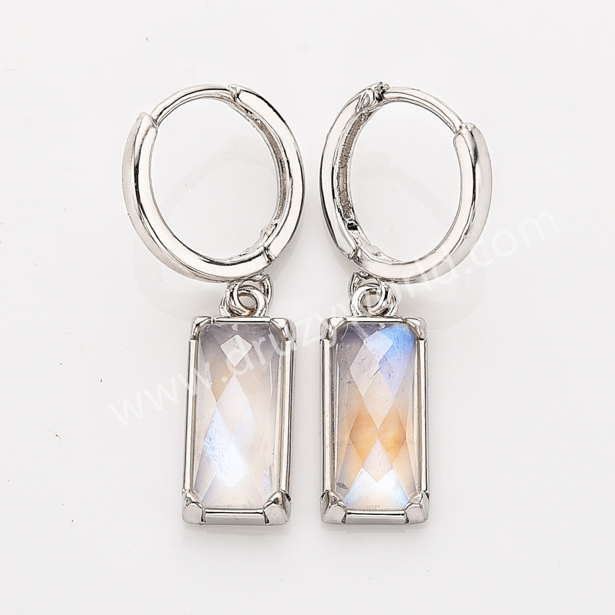 Silver Plated Bezel Rectangle Natural Moonstone Faceted Hoop Earrings, Moon Stone Jewelry ZS0522