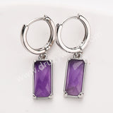 Rectangle Natural Gemstone Silver Plated Hoop Earrings, Birthstone Jewelry Earrings ZS0522