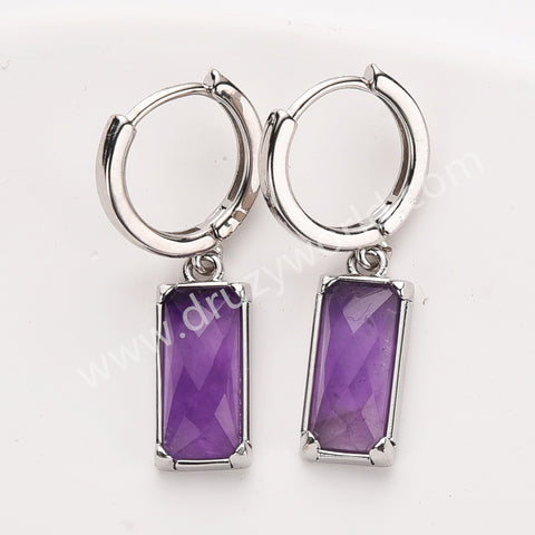 Rectangle Natural Gemstone Silver Plated Hoop Earrings, Birthstone Jewelry Earrings ZS0522