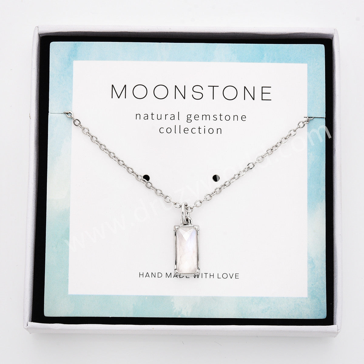 16" Silver Bezel Rectangle Natural Moonstone Faceted Pendant Necklace, Moon Stone Crystal Healing Jewelry ZS0523