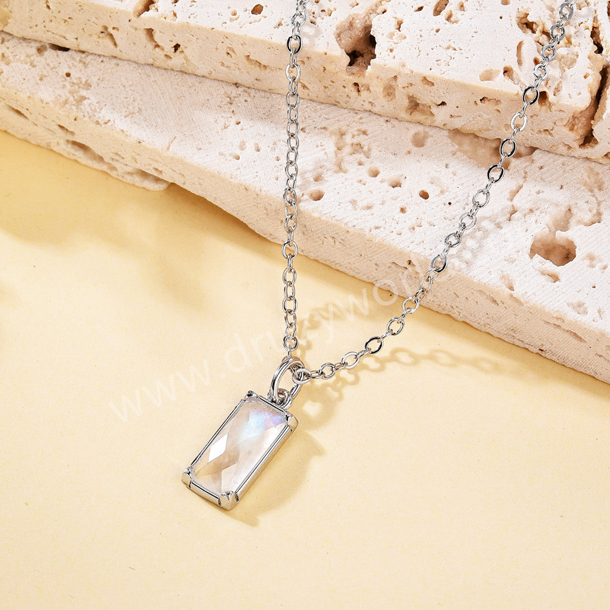 16" Silver Bezel Rectangle Natural Moonstone Faceted Pendant Necklace, Moon Stone Crystal Healing Jewelry ZS0523