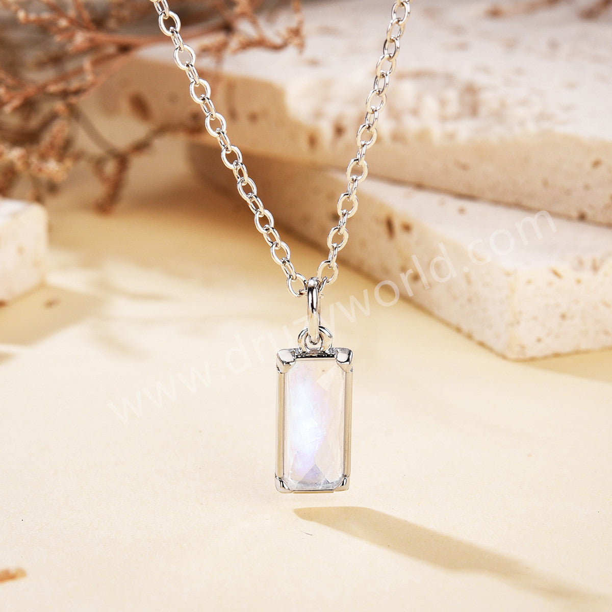 16" Silver Bezel Rectangle Natural Moonstone Faceted Pendant Necklace, Moon Stone Crystal Healing Jewelry ZS0523