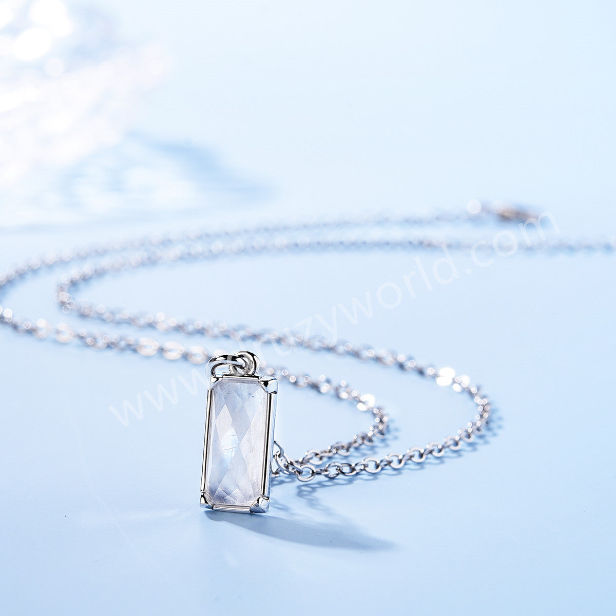 16" Silver Bezel Rectangle Natural Moonstone Faceted Pendant Necklace, Moon Stone Crystal Healing Jewelry ZS0523