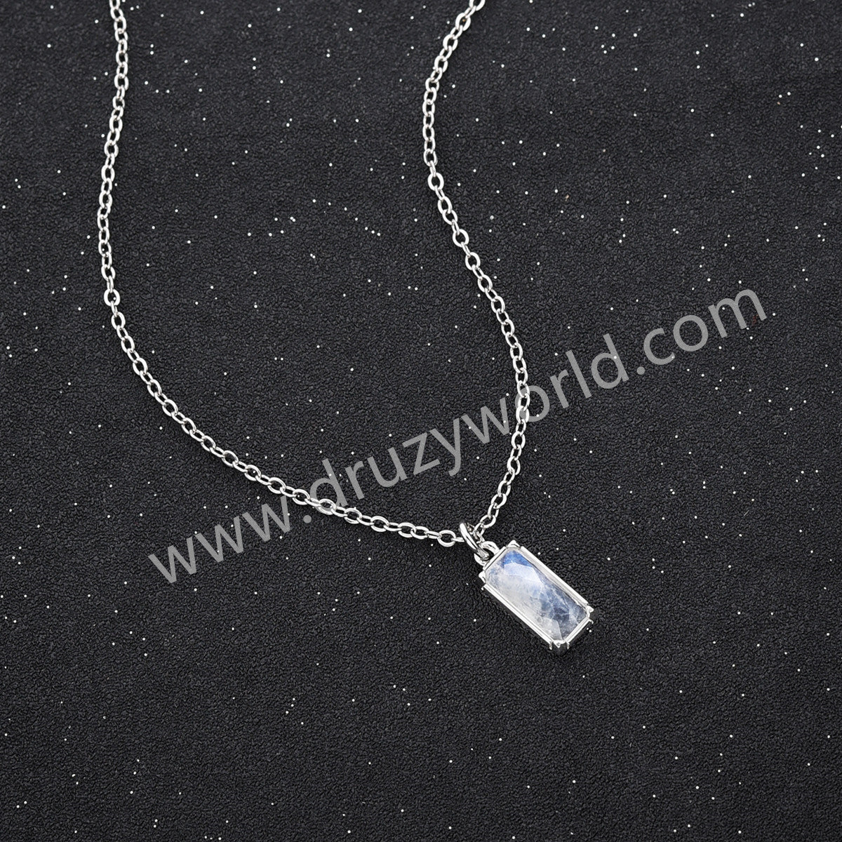 16" Silver Bezel Rectangle Natural Moonstone Faceted Pendant Necklace, Moon Stone Crystal Healing Jewelry ZS0523