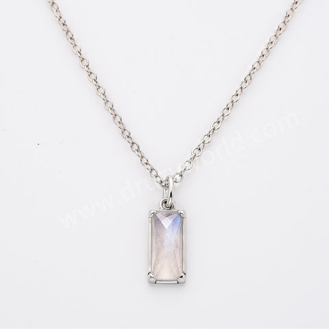 16" Silver Bezel Rectangle Natural Moonstone Faceted Pendant Necklace, Moon Stone Crystal Healing Jewelry ZS0523