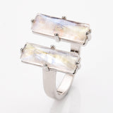 Silver Claw Double Natural Moonstone Faceted Adjustable Open Ring, Healing Crystal Boho Jewelry Ring ZS0524