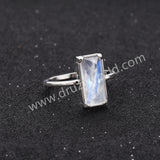 Silver Bezel Rectangle Moonstone Faceted Ring, June Birthstone Crystal Jewelry Ring ZS0525