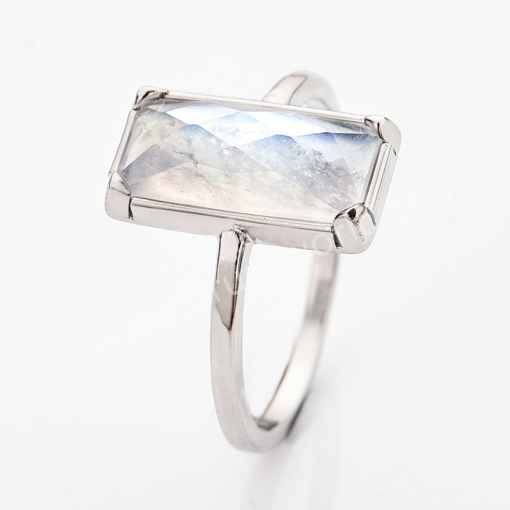 Silver Bezel Rectangle Moonstone Faceted Ring, June Birthstone Crystal Jewelry Ring ZS0525