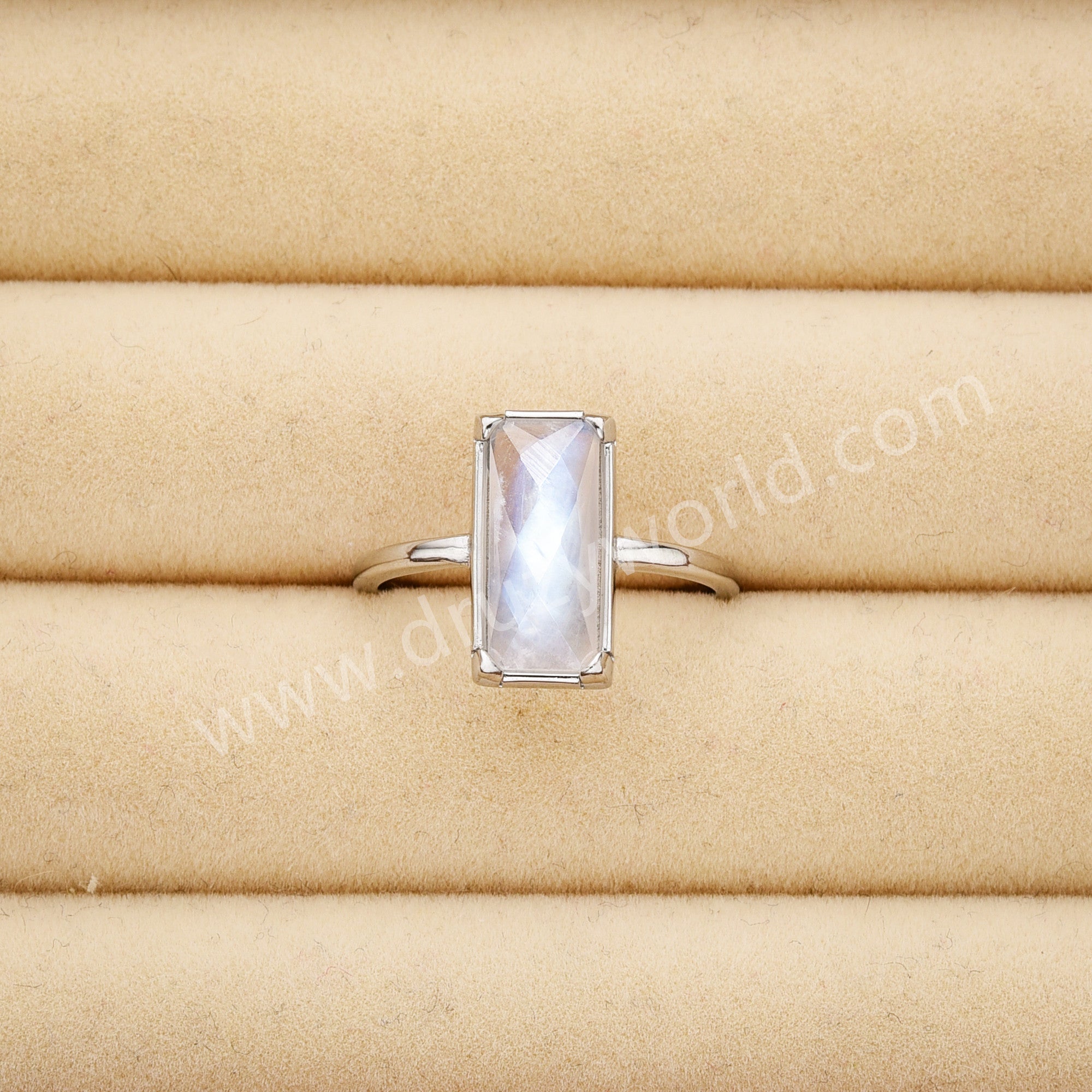 Silver Bezel Rectangle Moonstone Faceted Ring, June Birthstone Crystal Jewelry Ring ZS0525