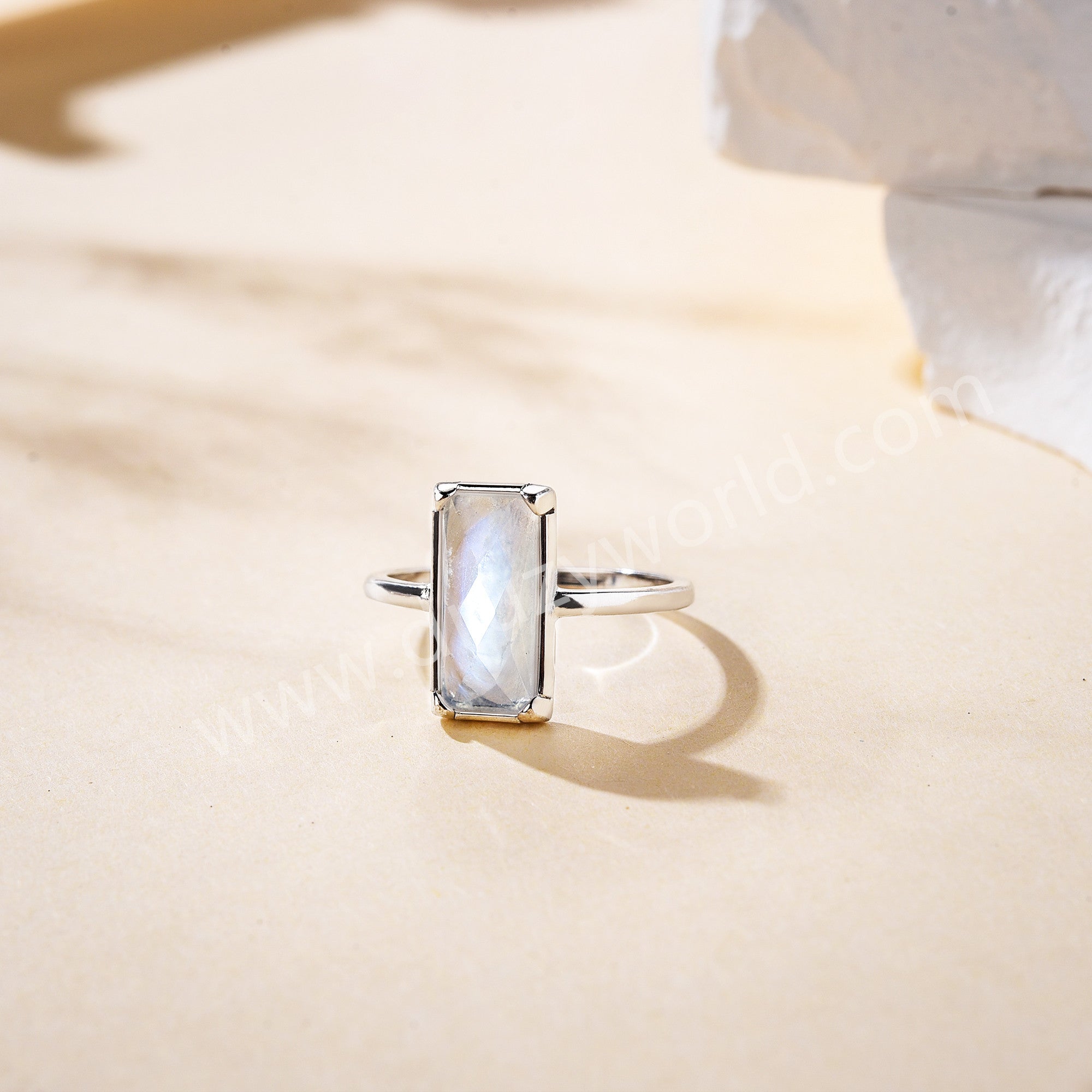 Silver Bezel Rectangle Moonstone Faceted Ring, June Birthstone Crystal Jewelry Ring ZS0525