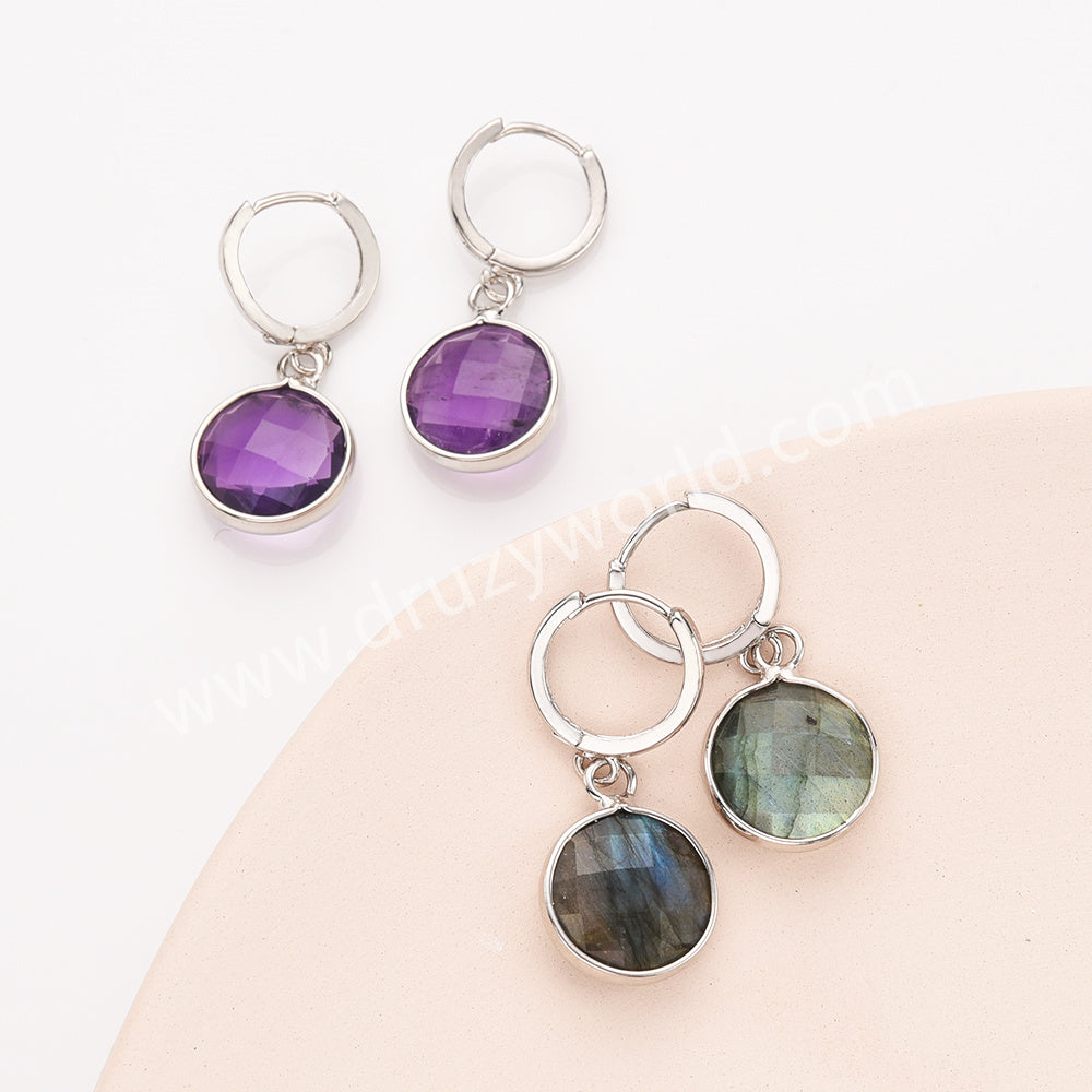 Silver Circle Round Natural Stone Faceted Earrings, Labradorite Gemstone Jewelry Earring ZS0529-1